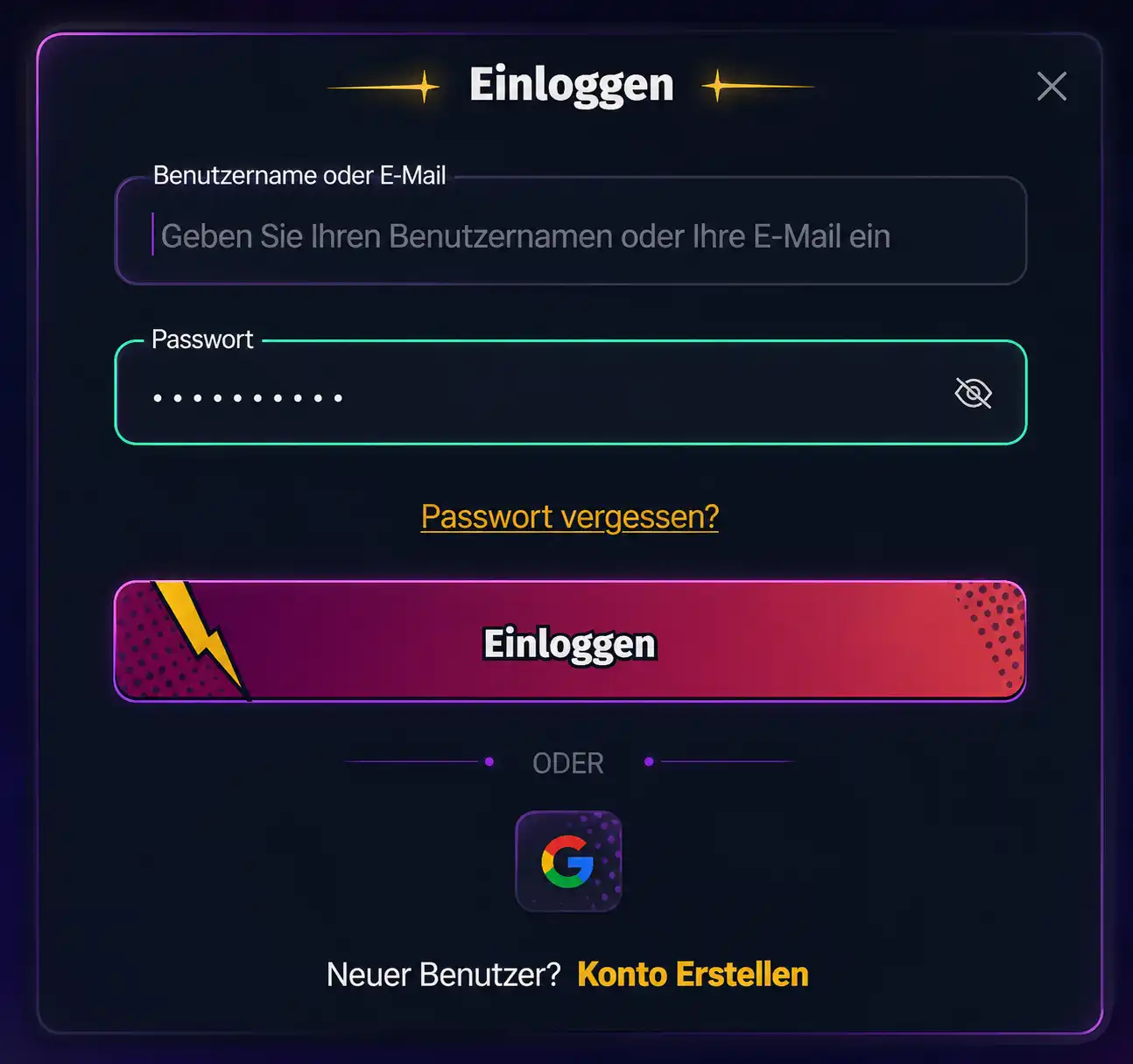 Anmeldebereich für Spieler