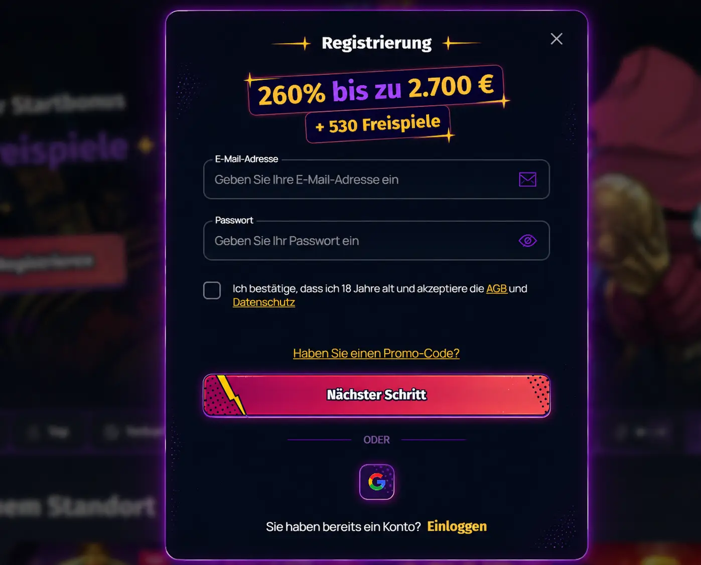 Registrierungsformular für Spieler
